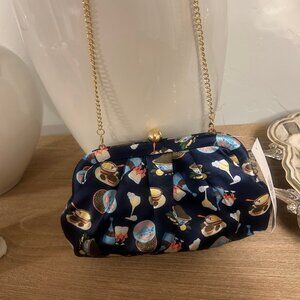 NWT Alessia Clutch Gold Chain Navy Novelty Print Caviar Champagne Cocktail